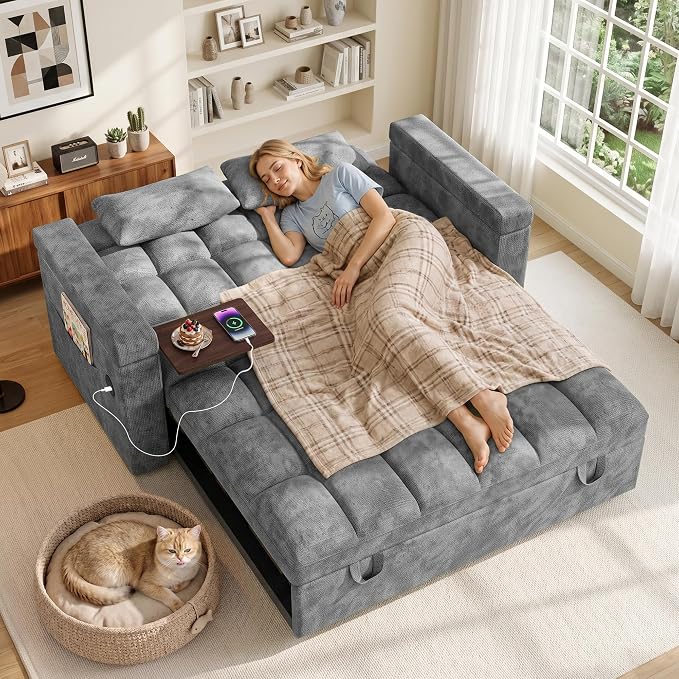 65'' Sleeper Sofa Bed, Pull Out Couch with Side Table | USB Charging Port | Adjustable Backrest | Chenille Fabric, Convertible Loveseat for Living Room, Apartment, Small Spaces (DeepGray)