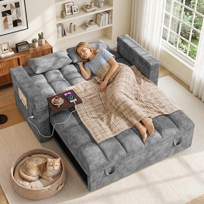 65'' Sleeper Sofa Bed, Pull Out Couch with Side Table | USB Charging Port | Adjustable Backrest | Chenille Fabric, Convertible Loveseat for Living Room, Apartment, Small Spaces (DeepGray)