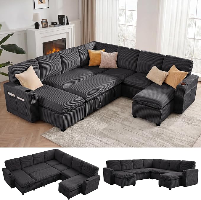 Oversized Sectional Sleeper Sofa with Pull Out Bed, Plush Corduroy 9 Seat Modular Sofa with Storage Chaise and Adjustable Backrest, Cloud Couches for Living Room, Apartment, Dark Grey