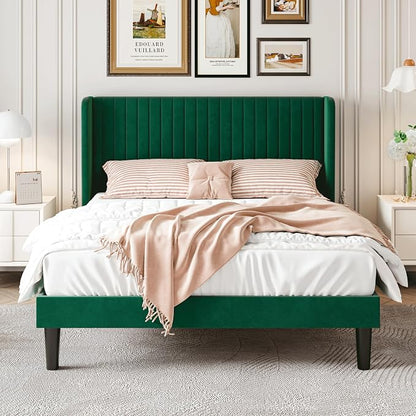 SHA CERLIN Full Size Velvet Bed Frame with Vertical Channel Tufted Wingback Headboard, Upholstered Platform Bed with Wood Slats, No Box Spring Needed, Easy Assembly, Green