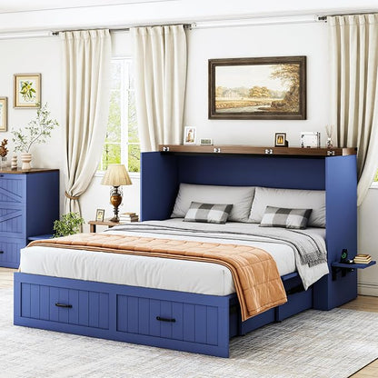 Queen Murphy Bed with Charging Station, Farmhouse Noisy-Free Foldable Cabinet Bed Frame with Storage Drawer, Space Saving Hideaway Wall Bed for Guest Bedroom, Living Room, Office, Blue