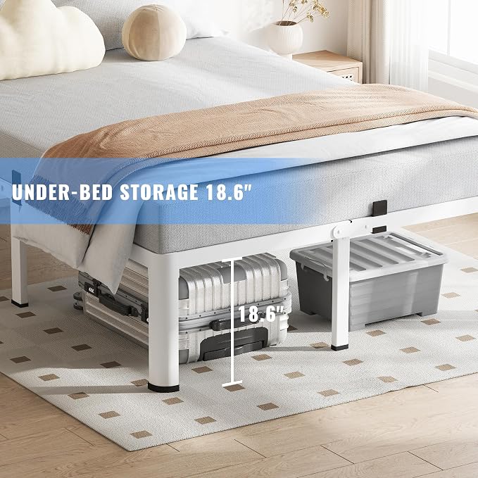 VIPSHOW 20 Inch Full Size White Bed Frame, 3500Lbs Heavy Duty Metal Platform with Round Corner Legs Mattress Slide Stopper, Steel Slat Support No Box Spring Needed, Noise Free, Non-Slip, Easy Assembly