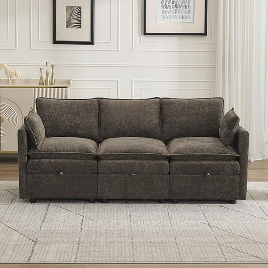 80" Cloud 3 Seater Sectional Modular Couch with Storage, Upholstered Storage Sofa Modern Couch Deep Seat, Chenille Convertible Sofa Comfy Couches with Armrests for Living Room, Small Space, Brown
