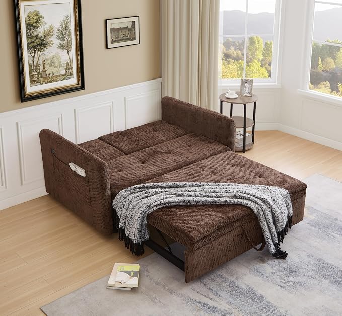57.48" Convertible Sofa Bed with Cup Holder, Pull Out Sleeper Sofa Bed with USB Charging Ports, 3 in 1 Convertible Sleeper Sofa Bed for Living Room, Apartment, Bedroom, RV, Brown
