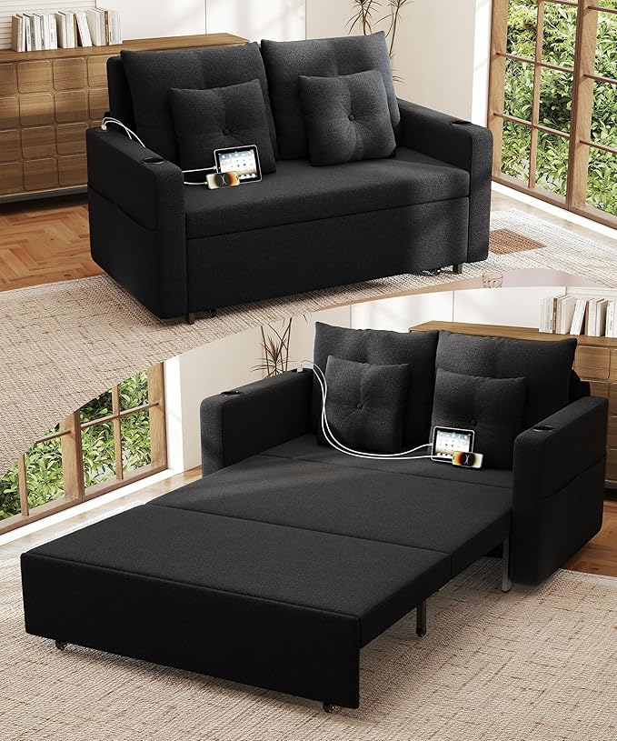 Krcix 3 in 1 Sofa Bed, 56 Inch Convertible Pull Out Couch, Loveseat Sleeper Sofa with Cup Holders, USB, Side Pockets, Multi-Function Couch Bed for Living Room, Apartment, Black