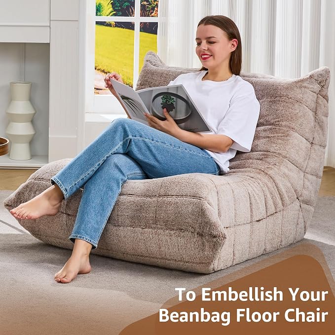 Hobestluk Adults Bean Bag Chair Faux Fur BeanBag Couch for Living Room | Brown Plush,Ergonomic Design,Memory Foam,UltraSoft,Anti-slip Bottom,No Assembly Required,Decorative Style for Living Room