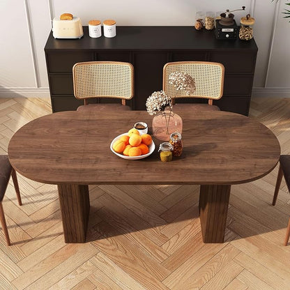 70.8 Inch Oval Dining Table for 4-6 People, Kitchen Table with Wood Strip Base, Modern Farmhouse Round Dining Room Tables for Kitchen Living Room (Walnut)