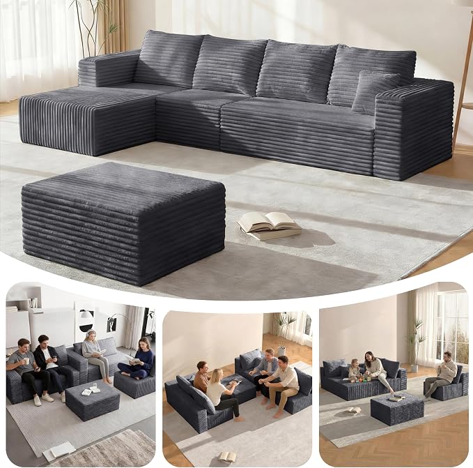 118" U Sectional Sofa, Boneless Compressed Sofa in a Box, U-Shaped Cloud Couch with Deep Seats & Chaise for Living Room, No Assembly Required (Drak Gray, 118" U-Shape with Left Facing Chiase)