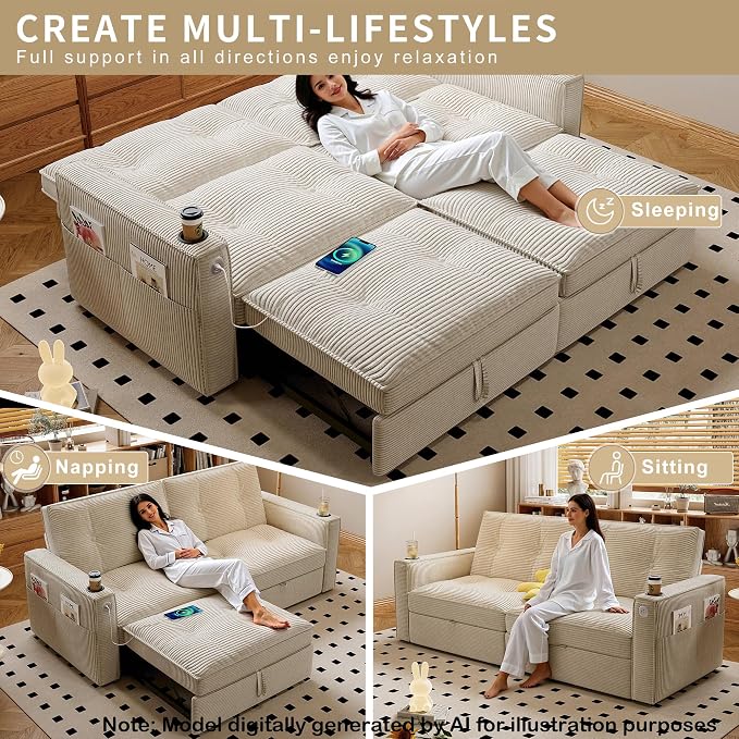 73.2'' Futon Sofa Bed Full Size, Pre-Assembled Pull Out Couch, Adjustable Backrest, Corduroy Convertible Sleeper Sofa, 2 Cup Holders, Pockets, USB, Loveseat for Living Room, Apartment, Beige | Soft Material