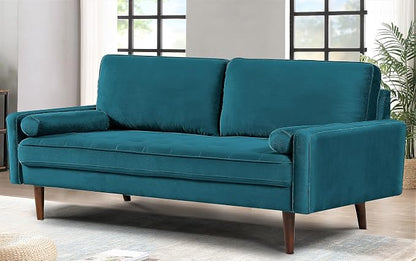 Container Furniture Direct Velvet Tufted Sofas for Living Room, Classic Mid-Century Style with Modern Silhouette, Button Tufting and Wood Legs, Includes 2 Bolster Pillows, Couch, Greenish Blue