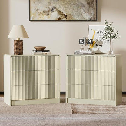 Furniway Beige Nightstands Set of 2, 32" Modern 3 Drawer Bedside Table with Storage, Large Night Stand for Bedroom