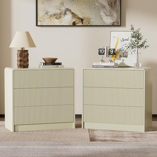 Furniway Beige Nightstands Set of 2, 32" Modern 3 Drawer Bedside Table with Storage, Large Night Stand for Bedroom