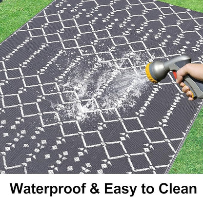 Smiry Outdoor Rug 8x10 ft, Waterproof Reversible Plastic Straw Rugs, Boho Outdoor Area Rug, Outside Floor Mat for Patio, Backyard, Deck, Picnic, Beach, Camping, Grey
