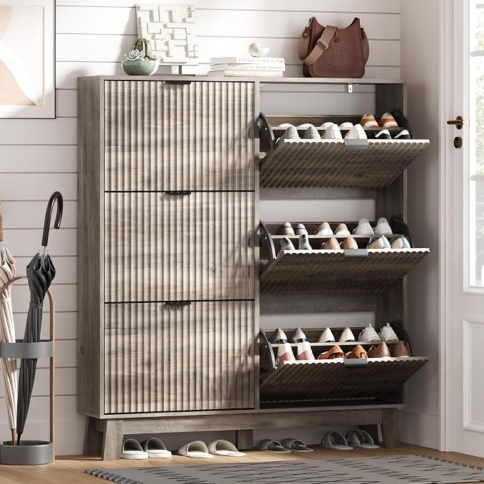 HUANLEGO Shoe Cabinet Storage for Entryway with 6 Flip Drawers, Fluted Narrow Shoe Organizer with Wooden Legs, Freestanding Slim Shoe Storage Hidden Shoe Rack Organizer for Front Door Entrance, Grey
