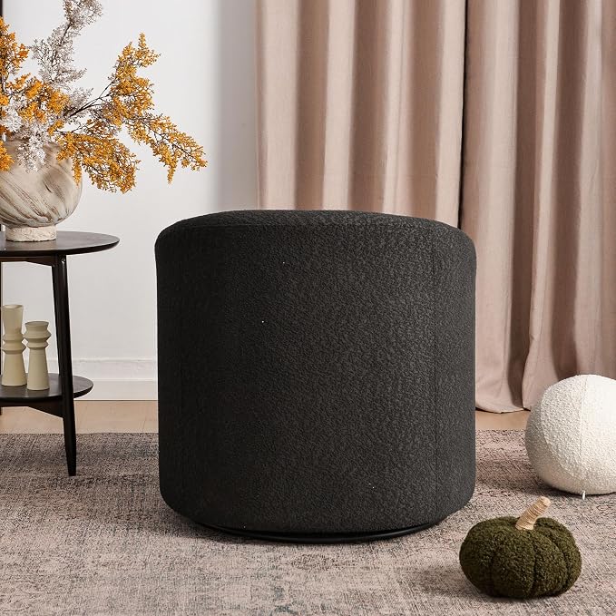 KINWELL 32" Wide Modern Boucle Swivel Barrel Chair, No Assembly Round Upholstered Swivel Accent Armchair for Living Room, Bedroom, Office (Black)