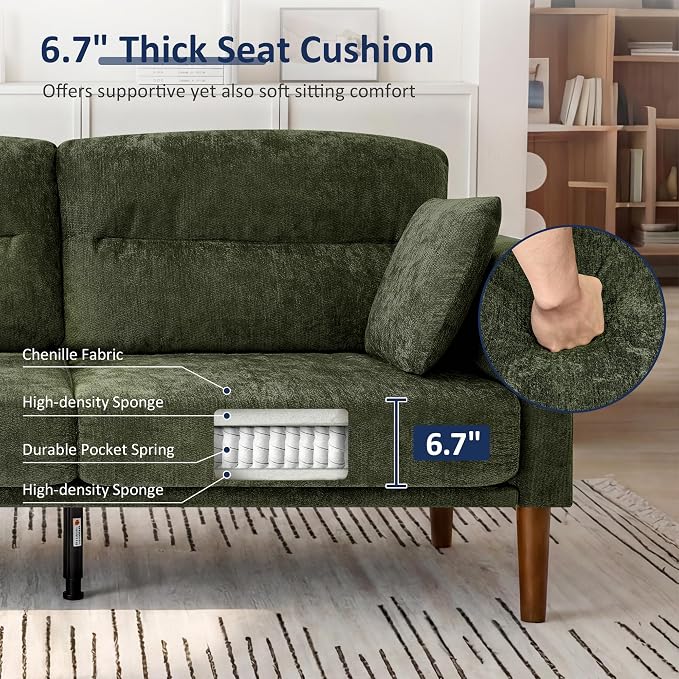 Vipbear 69" Loveseat Sofa,Modern Couches for Small Spaces,Green Chenille Love Seat Couch for Living Room,Bedroom,Apartment,Office,Deep Seat,Armrest Tabletop,Throw Pillow