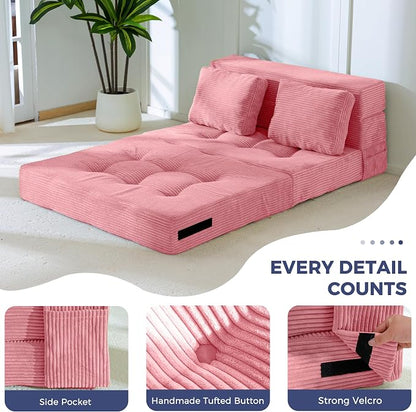 MAXYOYO Convertible Sofa Bed, Fold Out Sofa Couch with Pillow, 4 in 1 Tufted Folding Couch Bed Foam Floor Couch, Lazy Chair for Living Room Bedroom Guest Room, Pink