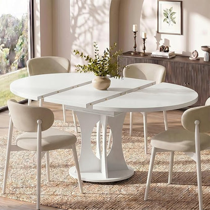 Einhomn 43-59" Extendable Round Dining Table, Kitchen Table for 4-8, Farmhouse Circle Dining Room Table with Removable Leaves, Hidden Storage, Space Saving Wood Kitchen & Dining Room Furniture, White