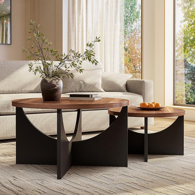 LIKIMIO Nesting Coffee Tables Set of 2, 31.5" Round Side Tables for Living Room, Wooden End Table, Walnut