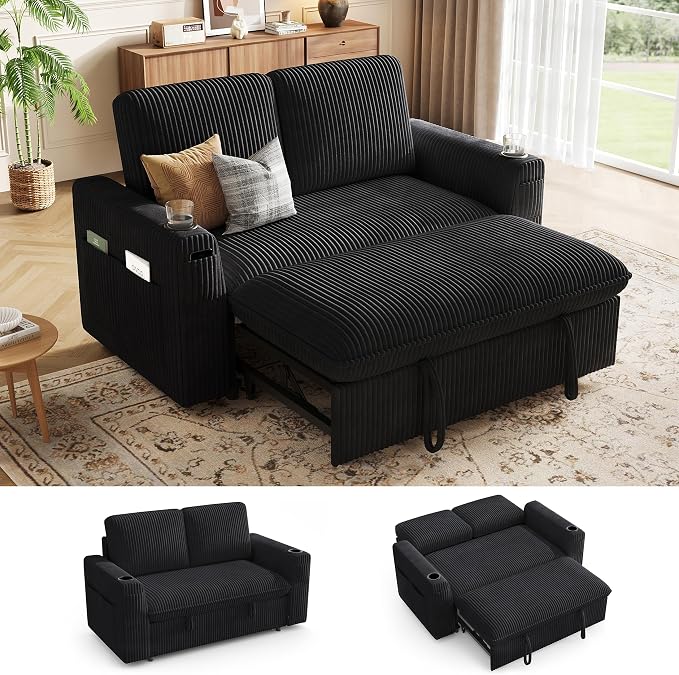 Sleeper Sofa with Pull Out Bed, Plush Corduroy Convertible Sofa Bed with Adjustable Backrest and Cup Holders, Loveseat Sleeper Couches for Living Room, Apartment, Black