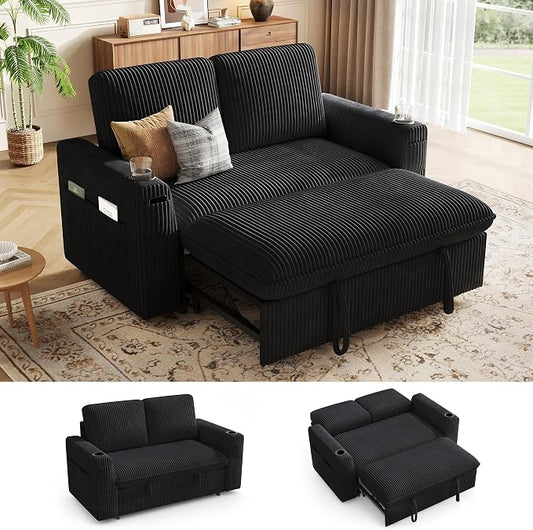 Sleeper Sofa with Pull Out Bed, Plush Corduroy Convertible Sofa Bed with Adjustable Backrest and Cup Holders, Loveseat Sleeper Couches for Living Room, Apartment, Black