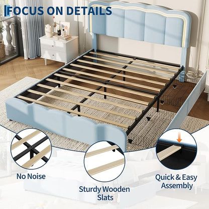Garvee Full Size Bed Frame with 2 Storage Drawers and LED Lights, Upholstered Platform Full Bed with Adjustable Headboard, Wooden Slats Support, No Box Spring Needed, Easy Assembly, Blue
