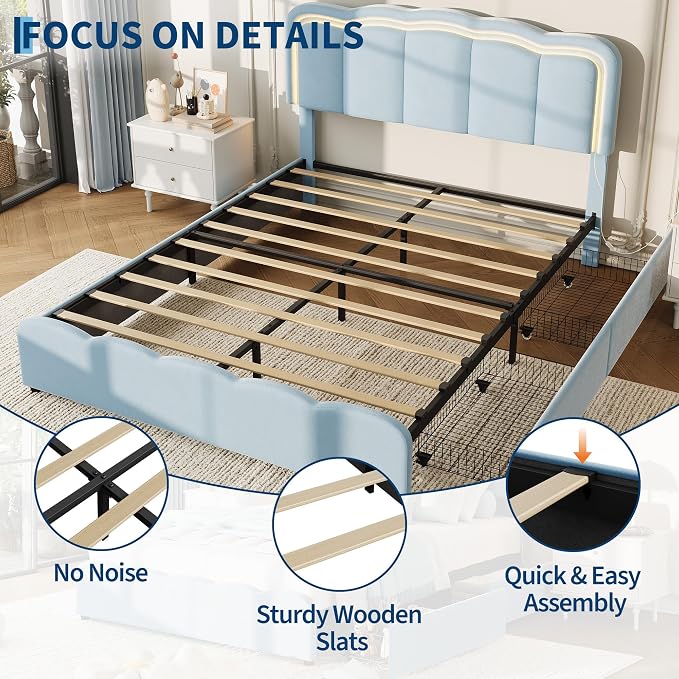 Garvee Queen Size Bed Frame with 2 Storage Drawers and LED Lights, Upholstered Platform Queen Bed with Adjustable Headboard, Wooden Slats Support, No Box Spring Needed, Easy Assembly, Blue