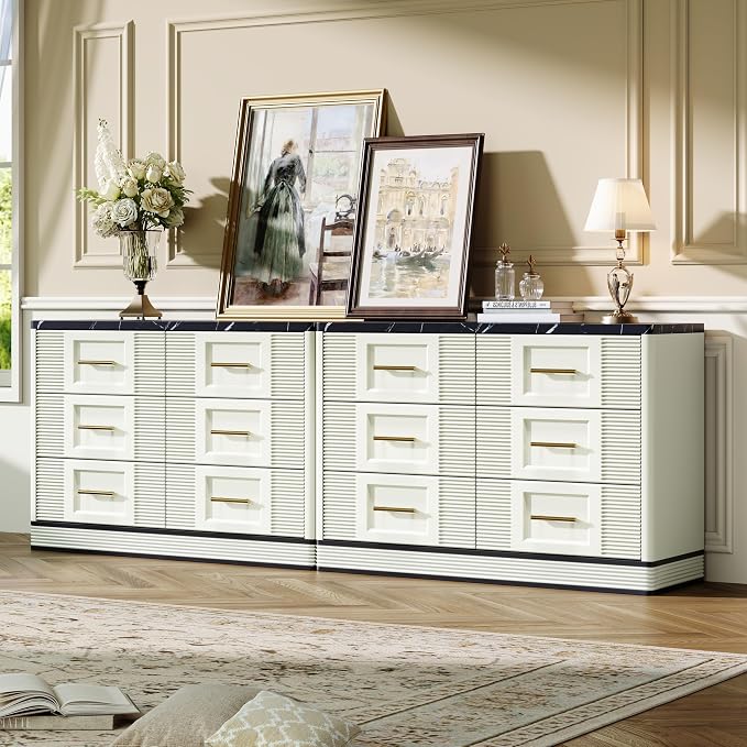 RECHHX Farmhouse 6 Drawers Dresser for Bedroom, 47.2" Wide Large Modern Marble-Effect Chest of Drawers, Wooden Thermoformed Curved Dresser Organizer for Bedroom, Living Room, White