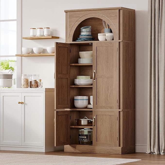 71'' Tall Kitchen Pantry Storage Cabinet, Food Pantry Wood Cabinet with Adjustable Shelves, Freestanding Versatile Kitchen Pantry Cupboard for Kitchen, Dining Room, Living Room, Brown