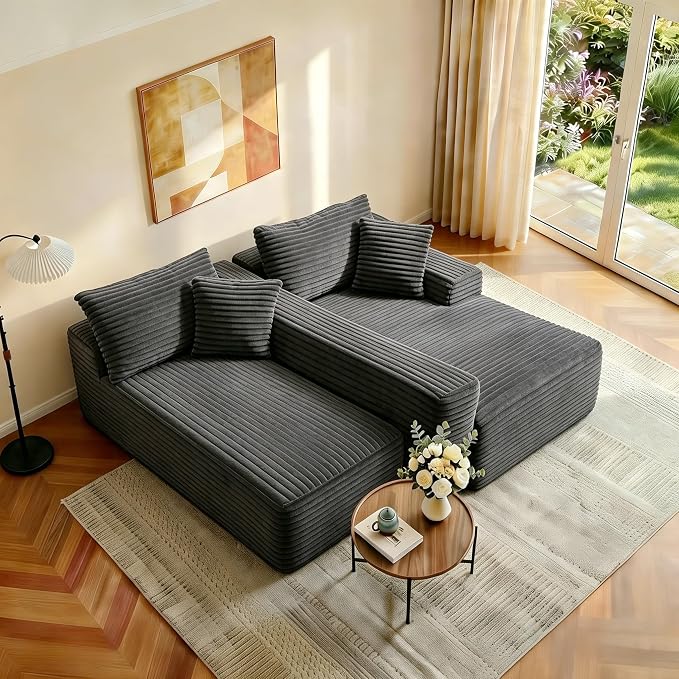 JINGLING 94" L Shape Couch with Right Chaise, Memory Foam Boneless Sectional Sofa in a Box, No Assembly Modular Small Couches for Small Spaces, Living Room, Apartments, Plush Corduroy, Dark Grey