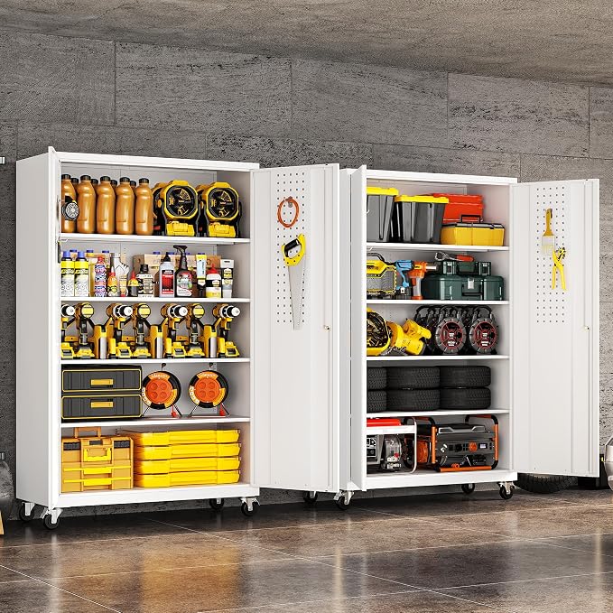 Metal Garage Storage Cabinet with Locking Doors and Adjustable Shelves, Wide & Deep Storage Cabinet on Wheels, 71" Rolling Tool Cabinet for Garage, Basement, Home Office