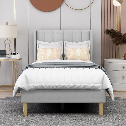 AGARTT Upholstered Platform Bed Frame Twin Size with Headboard and Footboard/Wooden Slats Support/No Box Spring Needed/Easy Assembly,Light Grey Linen