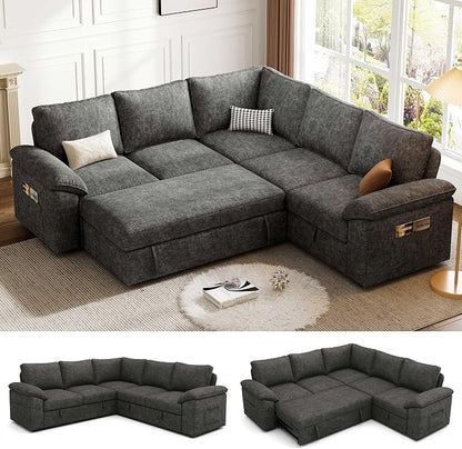 85 Inch Modular Sectional Sofa with Pull Out Bed,L Shaped 5 Seat Sectional Sleeper Sofa with Storage,Sectional Couches for Living Room,Cloud Modular Couch,Removable Sofa Cover, Dark Grey