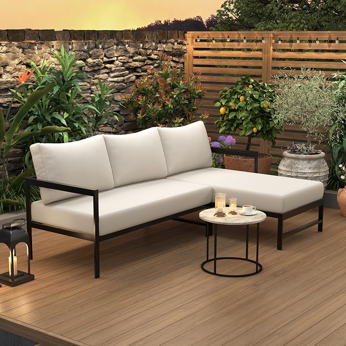VilroCaz Outdoor L-Shaped Sectional Sofa with 5.9'' Ultra-Thick Cushions, All Weather Patio Conversation Set with Iron Frame for Balcony Garden (Beige-3.24)