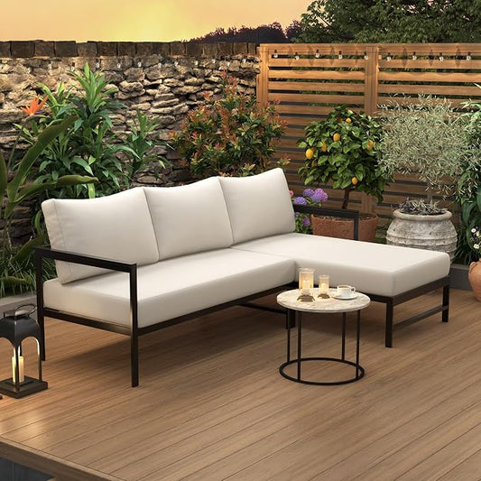 VilroCaz Outdoor L-Shaped Sectional Sofa with 5.9'' Ultra-Thick Cushions, All Weather Patio Conversation Set with Iron Frame for Balcony Garden (Beige-3.24)