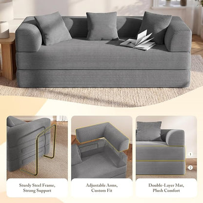 89" Cloud Boneless Convertible Sofa Bed, 5-in-1 Foldable Compressed High-Density Sponge Sofa, Corduroy Fabric 3 Seater Sleeper Couch Futon Daybed for Living Room Bedroom (Gray) | 5-in-1 Foldable