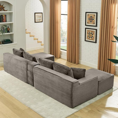 127" U-Shaped Cloud Sectional Couch Oversized Modular Compressed Boneless Sectional Sofa with Ottoman Chaise Lounges & Console, Plush Corduroy Boneless Symmetrical Sofa