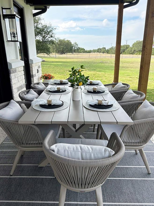 PURPLE LEAF 9 Pieces Patio Dining Set Wicker Outdoor Furniture Rectangular Table and Chairs Set for Garden Deck Aluminum Frame Backyard Kitchen Set, Cushions and Pillows Included Champagne
