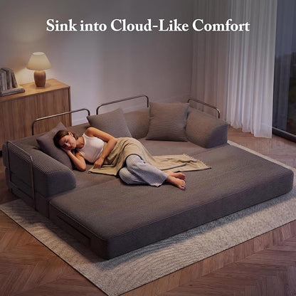 89" Cloud Boneless Convertible Sofa Bed, 5-in-1 Foldable Compressed High-Density Sponge Sofa, Corduroy Fabric 3 Seater Sleeper Couch Futon Daybed for Living Room Bedroom (Gray) | 5-in-1 Foldable