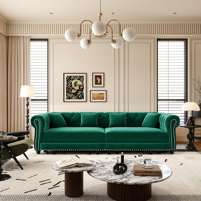 89" Velvet Pull Out Couch Bed - 3-in-1 Convertible Sleeper Sofa with Ottoman, Button Tufted Chesterfield Sofa, King Size Pull Out Sofa Bed, Space Saving for Small Spaces Apartments, Living Room,Green