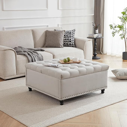 Tbfit Large Square Storage Ottoman Bench, Tufted Upholstered Coffee Table with Lift Top & Solid Wood Legs, Oversized Storage Ottomans Toy Box for Living Room (Beige)