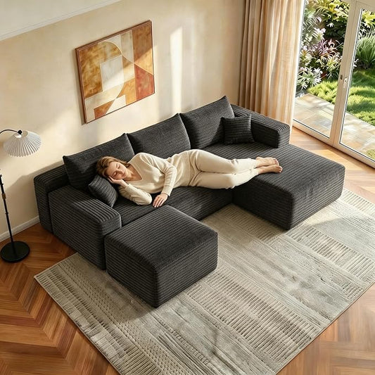 JINGLING 94" U Shaped Boneless Sectional Couch Set for Living Room, Plush Corduroy Modular Sofa with Ottoman, Small Space Apartment Couch, No Assembly, Right Facing Chaise, Dark Grey
