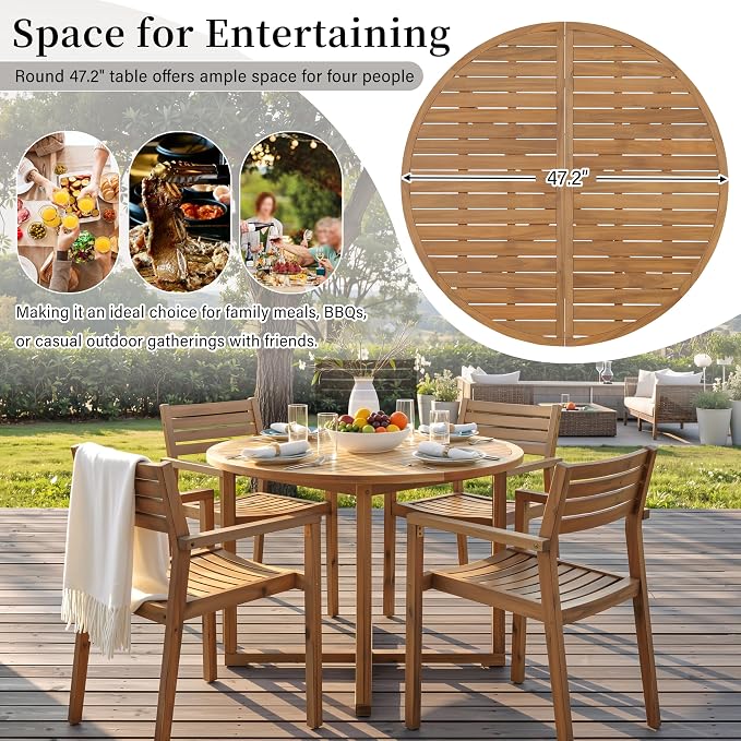 VilroCaz 5-Piece Acacia Wood Outdoor Dining Set for 4, All-Weather 47.2" Round Dining Table with 4 Armchairs and Slatted Design for Patios, Gardens, Pool Sides, and Lawn Areas (Natural-4.11)