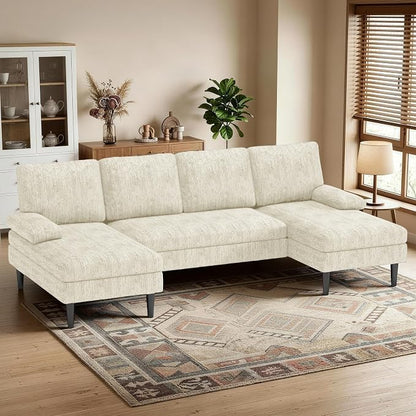 Korser U-Shaped Sectional Couches for Living Room, 101 Inch Modern Modular Sofa with Double Chaise Lounge, Comfy Chenille Fabric 4-Seat Couch Set for Apartment, Beige