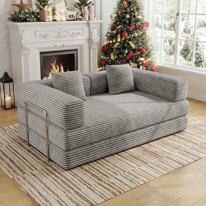 BSHOMGI 4 in 1 Convertible Sofas Boneless Couches with 2 Pillow, Modern Corduroy Futon Bed, Modular Queen Sofa with Pull-Out Bed, LoveSeat for Living Room, Small Space Apartment 59" 2 Seat