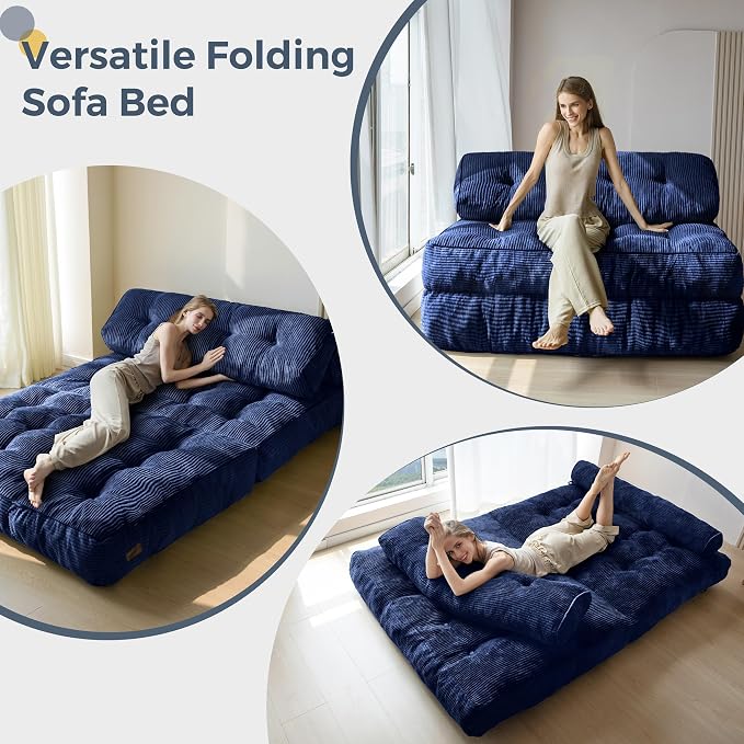 MAXYOYO Folding Sofa Bed, Convertible Chair with Pillow Foldable Couch with Back Support, Portable Fold Out Chair Bed Comfy Floor Sofa Lounge for Living Room Bedroom, Navy Double
