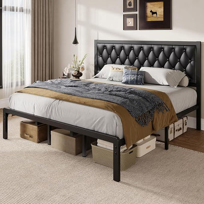 Fluest King Bed Frame with Headboard PU Leather Upholstered Bed Frame Platform,All Metal Slats Support Platform Bed Frame with Storage Space,Easy Assembly,Noise Free,No Box Spring Needed,Black