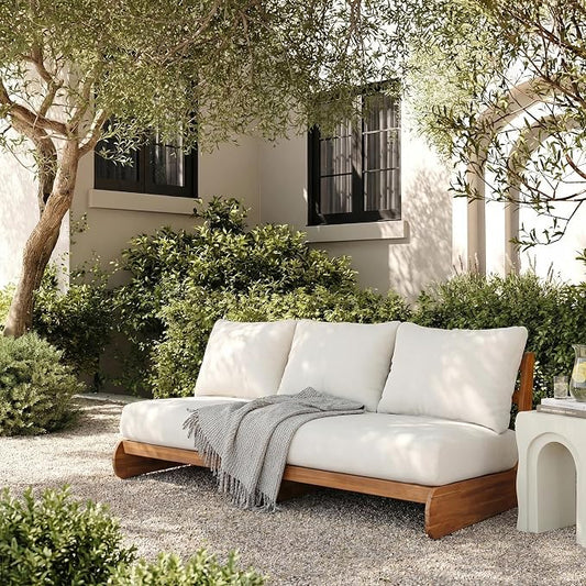 Merax Outdoor Acacia Wood Sofa with All-Weather Cushions, Patio Low 3-Seater Lounge Sofa for Porch, Lawn, Backyard, Balcony, Beige +Teak