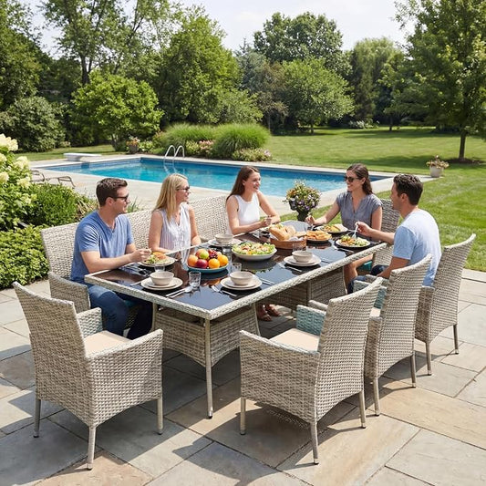 10-Piece Patio Dining Set, Patio Furniture Set with Square Tempered Glass Table & 8 Wicker Chairs, Expandable Design for Larger Groups, Outdoor Furniture for Backyard, Deck, Garden, Beige