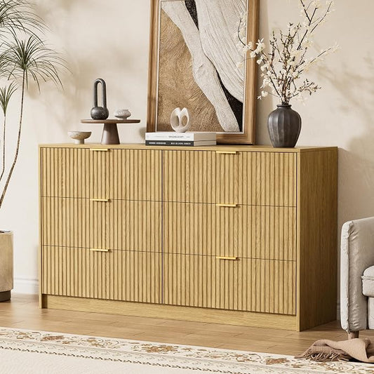 Furniway 3 Piece Bedroom Set, 6 Drawer Dresser and 3-Drawer Nightstand Set of 2 with Gold Handles, Mid-Century Modern Wood Chest of Drawers Storage Cabinet for Bedroom, Natural Oak